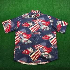 Red Head Shirt Mens XL Blue Button Up Hot Rod American Flag Print Patriotic